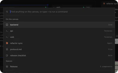 the find box listing a zone, two terminals, an agent, a file and a note on the canvas