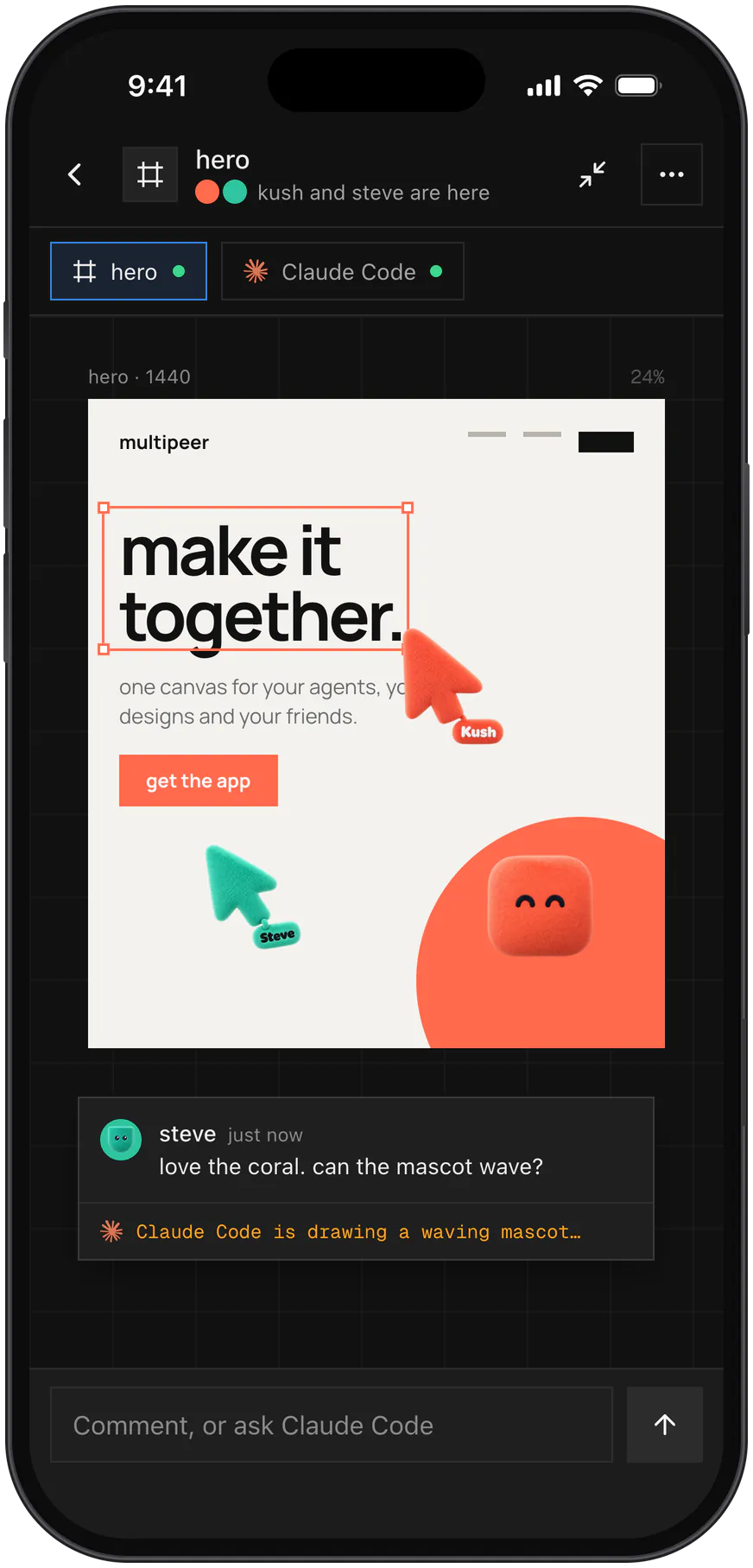 multipeer on an iPhone: the hero frame open live, with kush's selection on the headline, kush's and steve's cursors on it and steve's comment under it